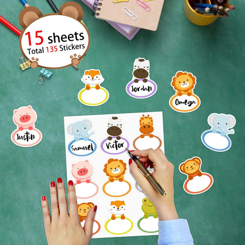 135 Jungle Animal Name Tag Stickers For Kids And Students Cute And Fun Classroom Name Labels For Back To School shown on desk