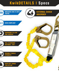 Heavy Duty Double Leg External Shock Absorber Safety Lanyard, 6ft Extends To 7ft 2In, Weather Ready, OSHA ANSI Compliant Snap Rebar