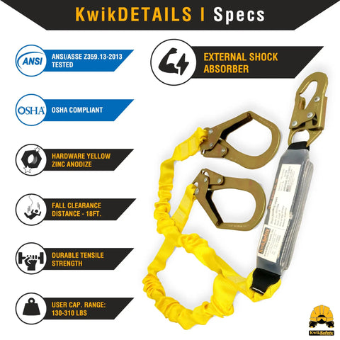 Heavy Duty Double Leg External Shock Absorber Safety Lanyard, 6ft Extends To 7ft 2In, Weather Ready, OSHA ANSI Compliant Snap Rebar