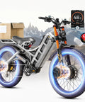 Adult Electric 26 Inch Fat Tire Mountain Bike With Full Suspension And 4000W Dual Motors Screamin At 46 Mph On A Massive 52V 70Ah Pack Delivering 200 Mile Range Built Different For Rip Trails Or Cruisin City Streets With Rack Gray with a cargo box and digital speed display.