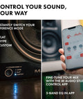 BX5BT 5 Inch Desktop Studio Monitor Speakers With DSP And Bluetooth App Control, showing speaker mode switch and app on phone
