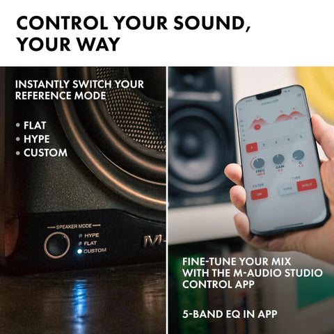 BX5BT 5 Inch Desktop Studio Monitor Speakers With DSP And Bluetooth App Control, showing speaker mode switch and app on phone