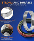 Close-up of beefed-up three piece front wheel bearing and seal kit showing carbon steel surface and high quality spring features.