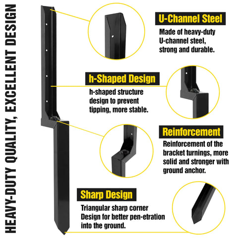 Heavy Duty Steel Fence Post Repair Stakes With Ground Anchors For Fixing Tilted Or Broken Wood Fence Posts H Shaped Beefed Up Ground Spike System Screw In Anchors Black Set Of 4 with detailed H-shaped and U-channel design features.