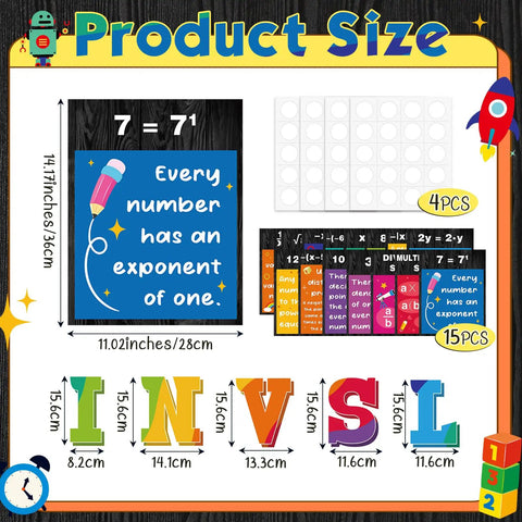 Product size details of Invisible Math Must-Have Poster Set for Classrooms with 15 posters and 13 letter cutouts.