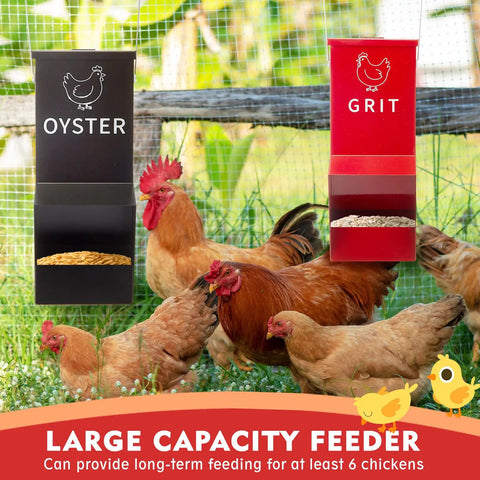 Heavy Duty Metal Chicken Feeder 2 Pack With Tight Lid Automatic Gravity Trough for oyster and grit feeding in coop.
