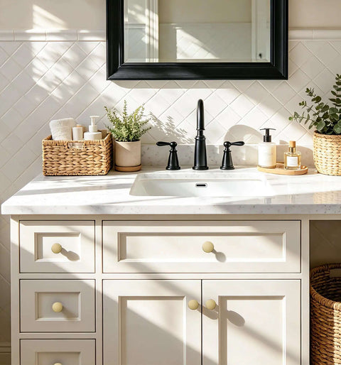Three Pack 1 1/4 Inch Brushed Gold Solid Zinc Cabinet Knobs on white bathroom vanity under black-framed mirror