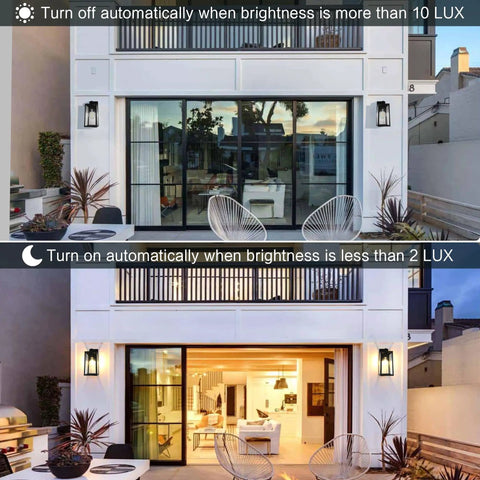 Bad Boy 13 Inch Dusk To Dawn Sensor Outdoor Wall Lights Large Wall Sconce 2 Pack automatic night light on a modern home.