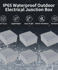Set Of 6 IP65 Waterproof Junction Boxes 4x4x3 Inches ABS Plastic Dustproof Outdoor Electrical Enclosures For Conduit Projects, All Weather Tough Build Outdoor Box Kit, Ideal For Weatherproof Outdoor Installations. Six gray ABS junction boxes shown in rain