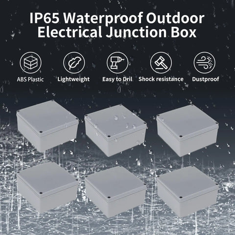 Set Of 6 IP65 Waterproof Junction Boxes 4x4x3 Inches ABS Plastic Dustproof Outdoor Electrical Enclosures For Conduit Projects, All Weather Tough Build Outdoor Box Kit, Ideal For Weatherproof Outdoor Installations. Six gray ABS junction boxes shown in rain