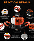 Gas Powered Post Hole Digger That Is A Workhorse With 4, 6, And 8 Inch Auger Bits For Fence Posts And Tree Planting, 52cc Two Stroke Engine Delivers 1460W Power, Low Vibration, Easy Start with practical details like large fuel tank and easy-start button visible in diagram.