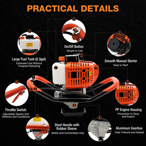 Gas Powered Post Hole Digger With 52cc 2 Stroke Engine, Built Tough Auger, detailed view with labeled features and components.