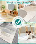 Collage of living spaces with rugs on various floors, including wood, marble, concrete, and tiles.