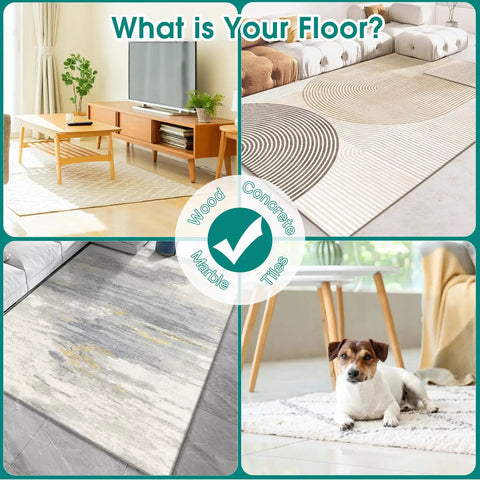 Collage of living spaces with rugs on various floors, including wood, marble, concrete, and tiles.
