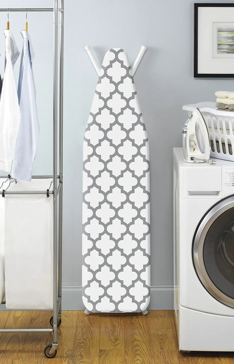 Deluxe Ironing Board Cover And Pad For Standard 54 By 15 Inch, 100 Percent Cotton, Medallion Grey pattern, shown in laundry room.