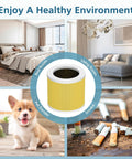 Collage showcasing 2 Pack A1 Pet Replacement Filter For Home Air Purifiers, removing pet dander, smoke, in living and bedroom areas