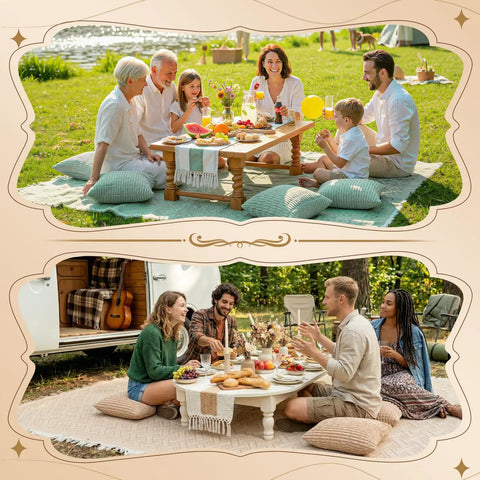 Family and friends enjoy picnic on Extra Large Outdoor Boho Picnic Blanket Set With Low Table Runner And 6 Throw Pillow Covers