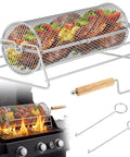 2 In 1 Rolling Grill Basket With Rotating Stand And Hooks Heavy Duty Stainless Steel Rotatable BBQ Mesh Cylinder On Grill
