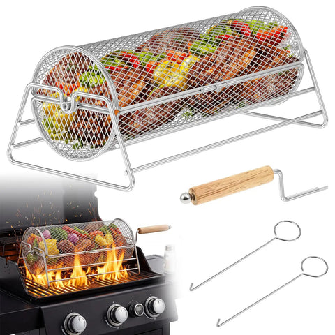 2 In 1 Rolling Grill Basket With Rotating Stand And Hooks Heavy Duty Stainless Steel Rotatable BBQ Mesh Cylinder On Grill