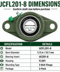 Image of 2-Pack UCFL201-8 One Half Inch Bore Flange Bearing Unit with dimensions and specifications highlighted