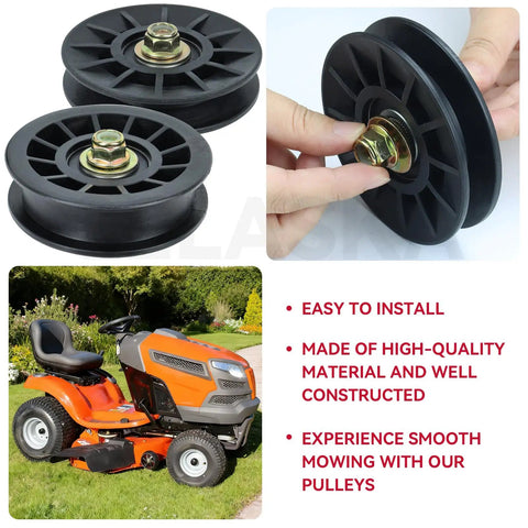 Two Pack V Groove And Flat Idler Pulleys Replaces 194326 194327 for Husqvarna YTH Decks shown with lawn tractor