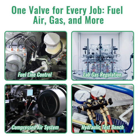 Collage showing applications of Stainless Steel Needle Valve 304 FNPT Half Inch Female Straight High Pressure Flow Control