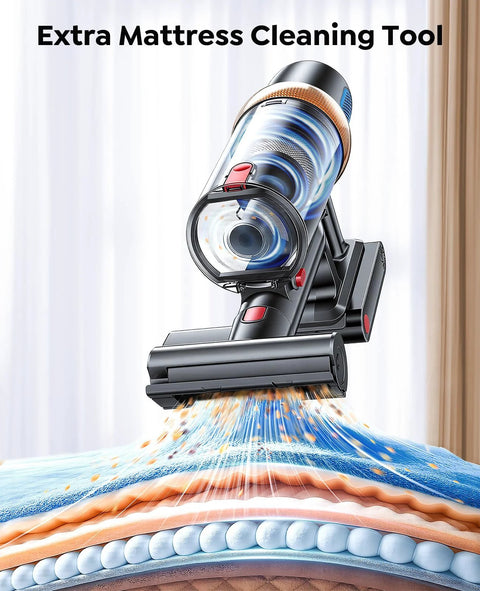 Angled front view of Amazon cordless vacuum cleaner with clear canister and motorized floor head; self-standing
