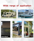 Image showing applications of RV Sealant Tape 2 Inch By 16 Foot Waterproof Butyl Tape With Fluorocarbon Film, including RV, houseboat, metal roof, sunroom, window sealing.