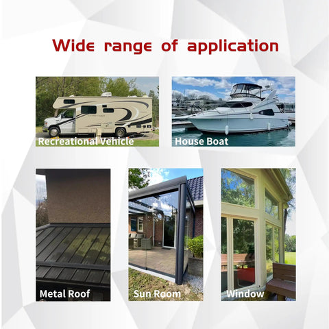 Image showing applications of RV Sealant Tape 2 Inch By 16 Foot Waterproof Butyl Tape With Fluorocarbon Film, including RV, houseboat, metal roof, sunroom, window sealing.