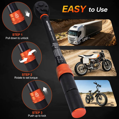 Complete 41 Piece Torque Wrench Set With Quarter, Three Eighths, And Half Inch Drives instructions and vehicles in background