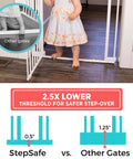 Ninja Level Heavy Duty Auto Close Baby Gate Featuring Hella Low Half Inch Threshold shown with child stepping over low threshold.