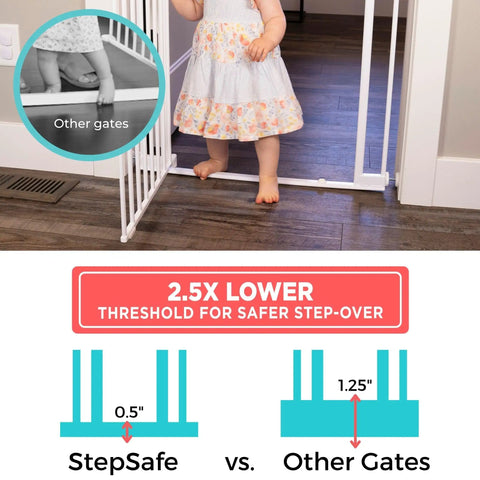 Ninja Level Heavy Duty Auto Close Baby Gate Featuring Hella Low Half Inch Threshold shown with child stepping over low threshold.