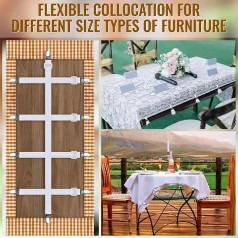 Six Pack Hidden Strap Tablecloth Clips For Outdoor Use shown on wooden table setup with elastic straps for secure fit.
