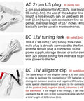 Image showing AC 2-pin US plug, DC 12V tuning fork, and DC 12V alligator clip with specifications for fan connection.