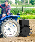 32 Inch Heavy Duty Disc Plow Harrow With Universal 2 Inch Hitch for ATV UTV, shown being towed by blue tractor on soil