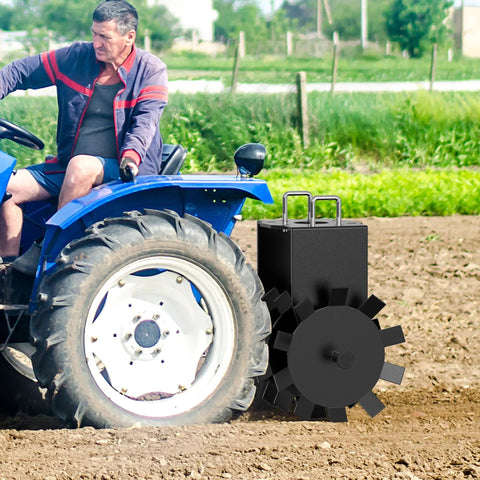 32 Inch Heavy Duty Disc Plow Harrow With Universal 2 Inch Hitch for ATV UTV, shown being towed by blue tractor on soil