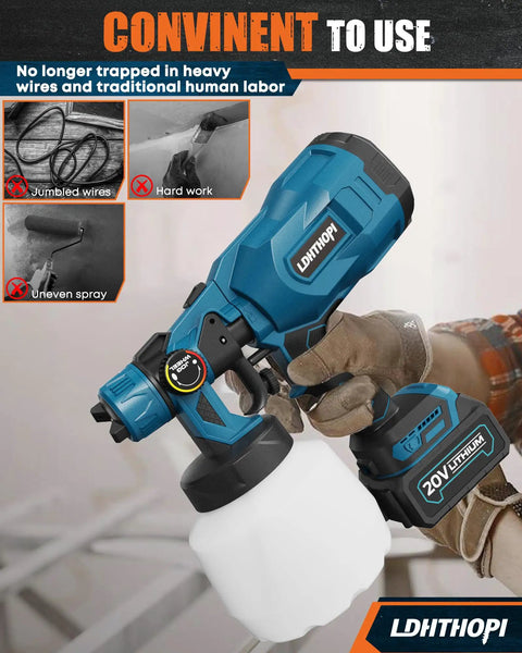Cordless Paint Sprayer Gun That Rocks 1000ml Tank, 5 Copper Nozzles, 20V 1500mAh Battery in use for painting metal frames.