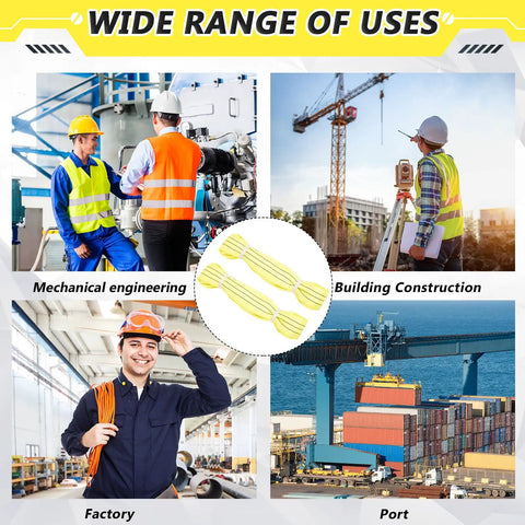 Collage of industrial scenes showing uses of 4 Pack 4 Foot Heavy Duty Polyester Endless Loop Round Lift Slings for hoist and towing.