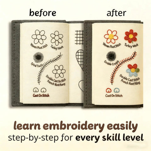 2026 Upgraded Embroidery Stitch Book Kit With 106 Grab And Go Patterns, Tools And Tutorials, showing before and after page comparison