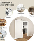 36x84 Sliding Barn Door Kit, 1 Panel White Primed Interior Closet Door With Satin Nickel 6ft Hardware in a modern room