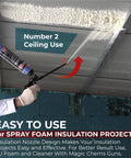 Top Shelf Reusable Sealed Foam Gun Nozzles Deliver A Dead Clean Spray Pattern With Minimal Overspray in use for insulation on ceiling.