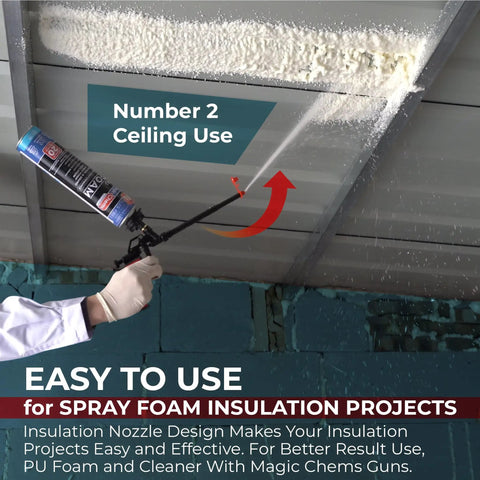 Top Shelf Reusable Sealed Foam Gun Nozzles Deliver A Dead Clean Spray Pattern With Minimal Overspray in use for insulation on ceiling.
