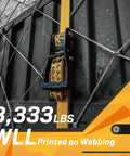 Image showing a 4 Pack Heavy Duty Ratchet Tie Down Straps With Wired J Hooks 2 Inch By 27 Foot 10,000 Lbs Break Strength 3,333 Lbs Working Load Limit Heavy Duty Cargo Straps For Truck And Trailer Colorfast Orange Webbing securing cargo with 3,333 lbs WLL printed on orange webbing.
