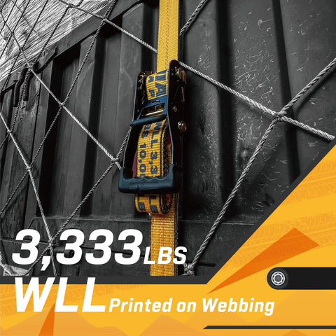 Image showing a 4 Pack Heavy Duty Ratchet Tie Down Straps With Wired J Hooks 2 Inch By 27 Foot 10,000 Lbs Break Strength 3,333 Lbs Working Load Limit Heavy Duty Cargo Straps For Truck And Trailer Colorfast Orange Webbing securing cargo with 3,333 lbs WLL printed on orange webbing.