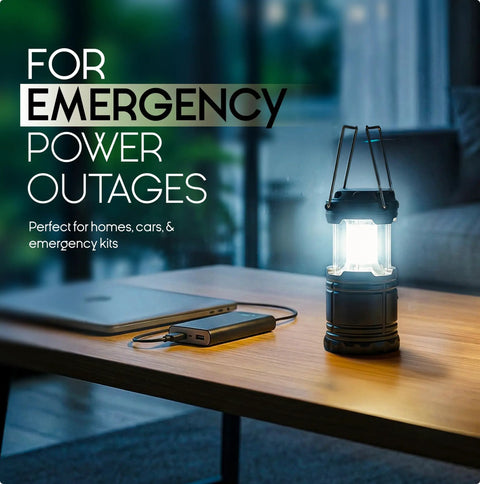 Bright 360 Degree COB LED Camping Lantern Powered by Batteries Portable Hanging Collapsible Light on table during power outage