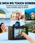 Ek7000 Pro 4K 30FPS Action Camera Bundle with 2-inch IPS touchscreen displaying outdoor adventure images