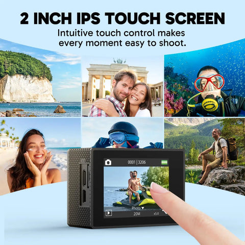Ek7000 Pro 4K 30FPS Action Camera Bundle with 2-inch IPS touchscreen displaying outdoor adventure images