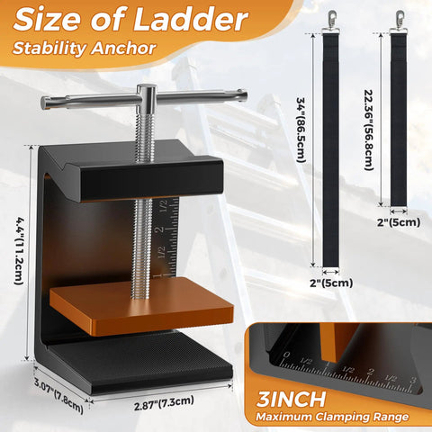Stability Anchor Ladder Safety Clamp Kit with 2 ft and 3 ft straps, anti-slip pad, and gutter guard for fall protection shown.