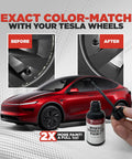 Tesla Model 3 Wheel Curb Rash And Scratch Repair Kit With Color Matched Touch Up Paint For Gray Warp Rims before and after comparison.