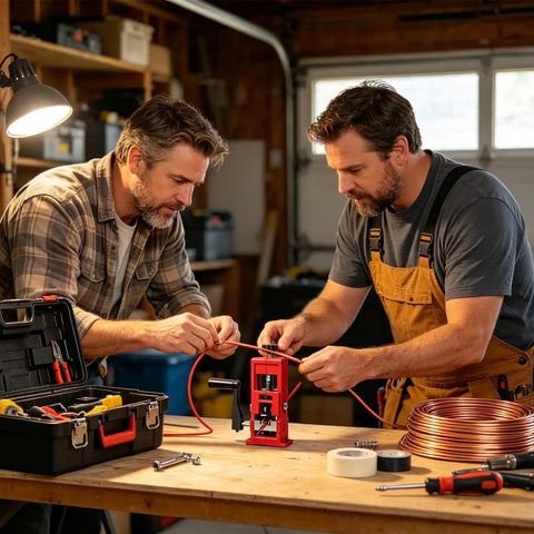 Two men using Hand Crank Wire Stripper Machine For Copper Recovery Bulk Processing Double Drive Design on copper wire.